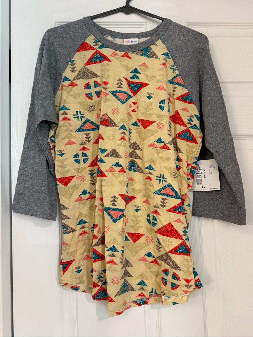 LuLaRoe Randy Yellow Aztec Raglan Top with Gray Sleeves